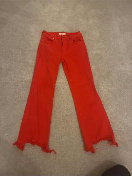 Risen Jeans Denim - Women's Red Flare Jeans with Frayed Hem